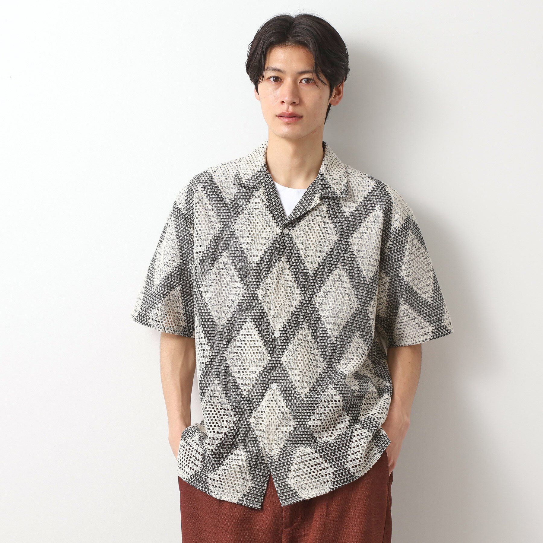 THE SHOP TK「ダイヤ柄プリント半袖シャツ【洗濯機OK/オーバーサイズ】」|シャツ・ブラウス|アイボリー(404)