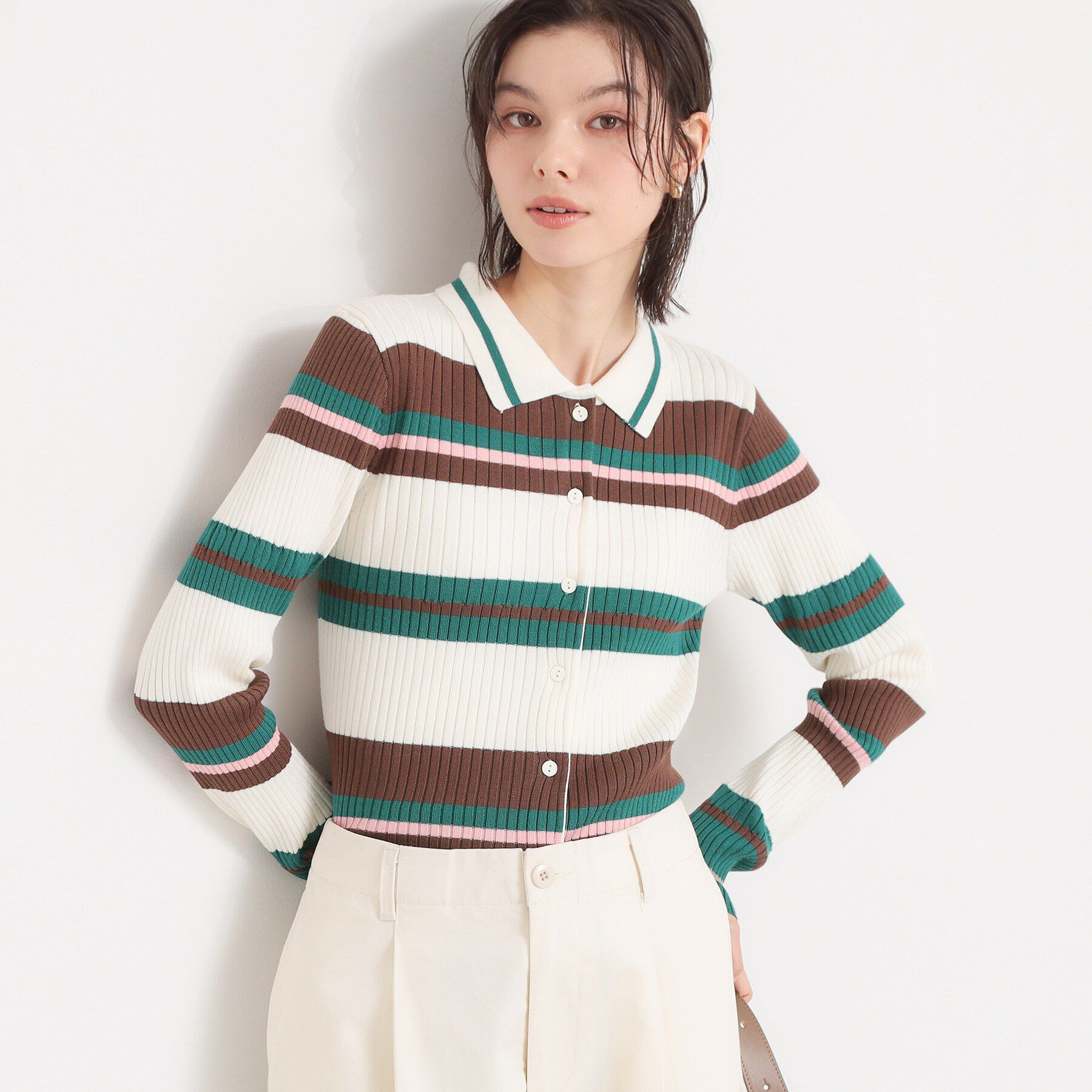 THE SHOP TK「衿付マルチボーダーニット」|ニット・セーター|アイボリー(304)