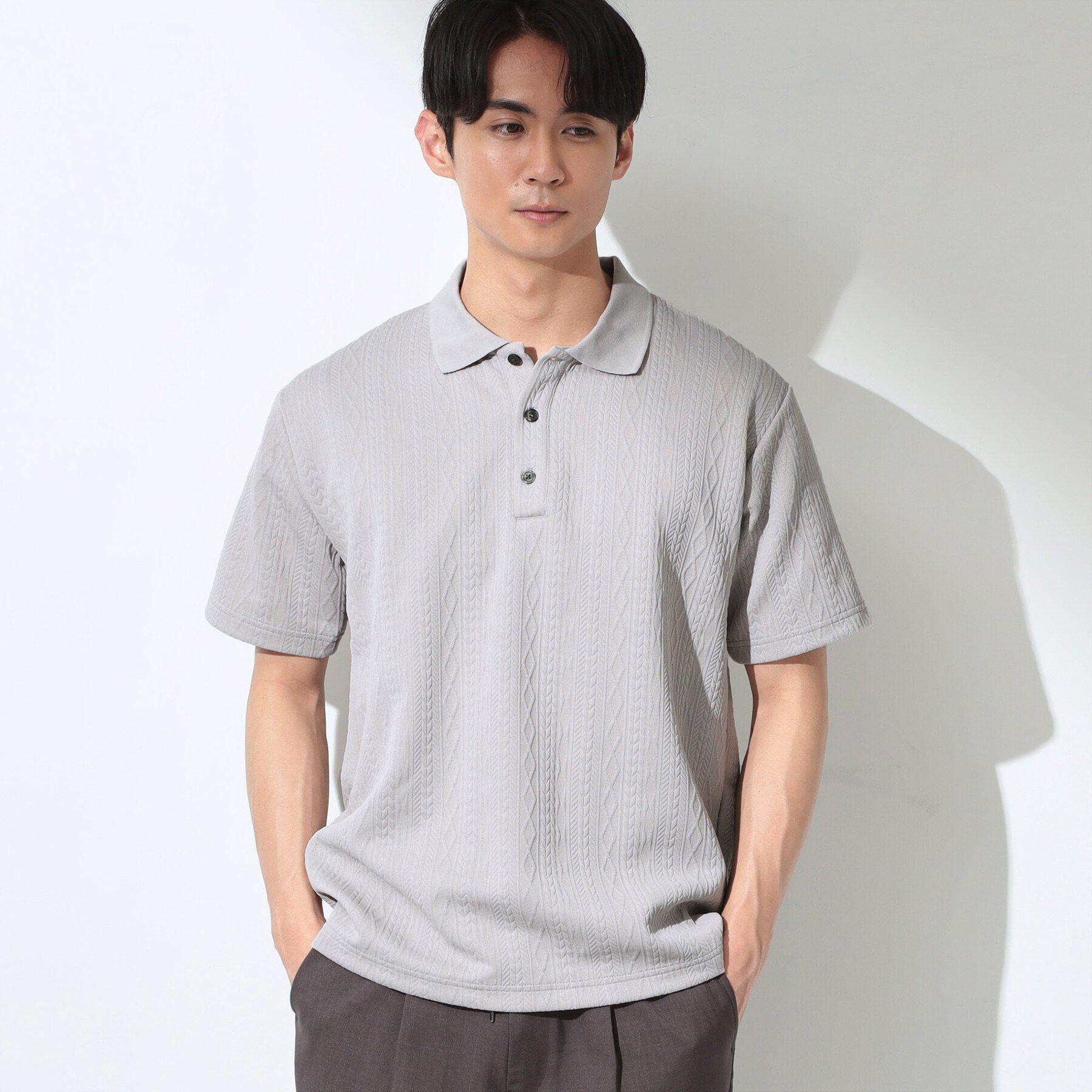 THE SHOP TK「【シンプルすぎない大人の表情】ケーブルフクレポロシャツ 吸水速乾/UVケア/洗濯機OK」|ポロシャツ|