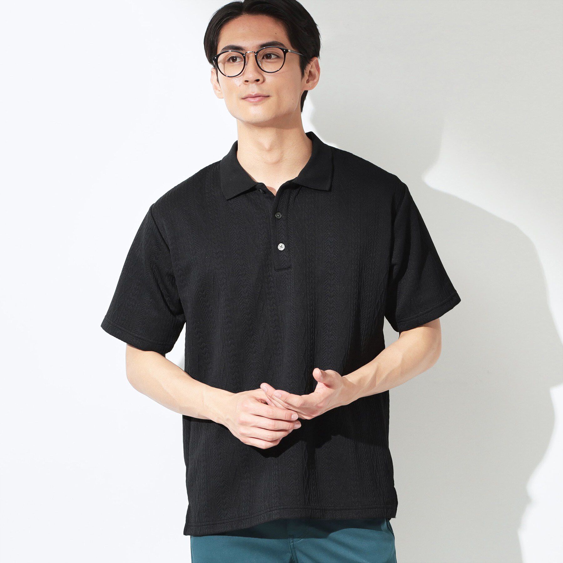 THE SHOP TK「【シンプルすぎない大人の表情】ケーブルフクレポロシャツ 吸水速乾/UVケア/洗濯機OK」|ポロシャツ|