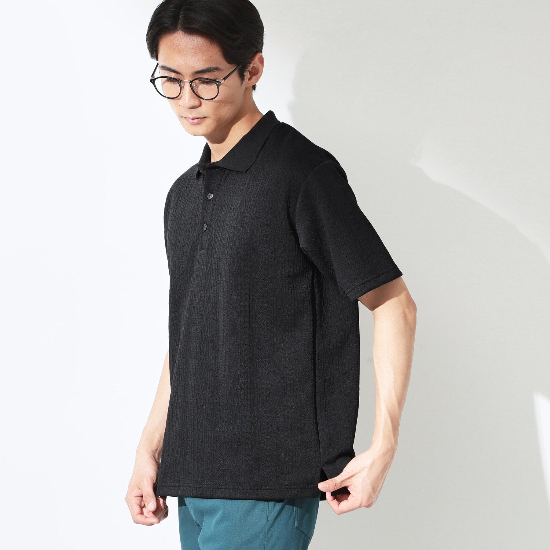 THE SHOP TK「【シンプルすぎない大人の表情】ケーブルフクレポロシャツ 吸水速乾/UVケア/洗濯機OK」|ポロシャツ|