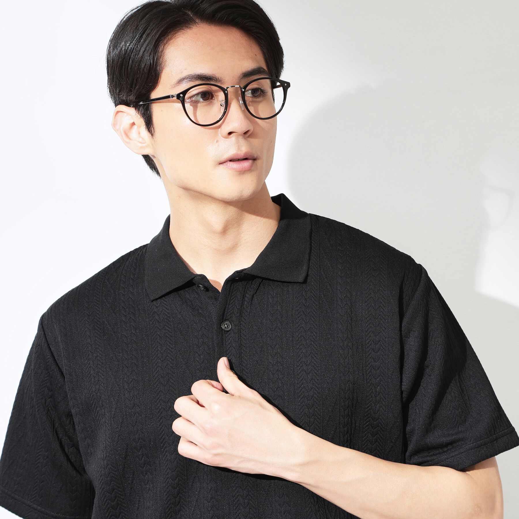 THE SHOP TK「【シンプルすぎない大人の表情】ケーブルフクレポロシャツ 吸水速乾/UVケア/洗濯機OK」|ポロシャツ|ブラック(019)