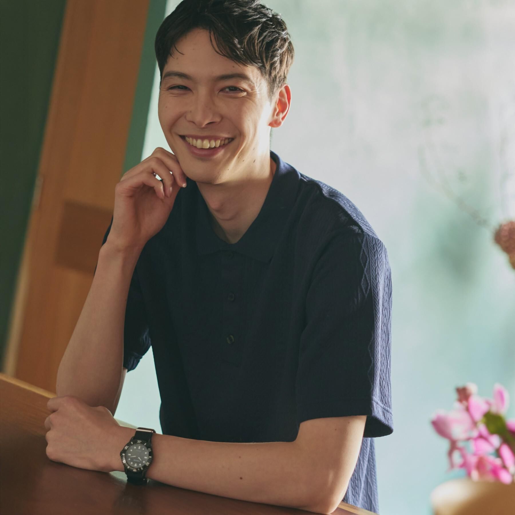 THE SHOP TK「【シンプルすぎない大人の表情】ケーブルフクレポロシャツ 吸水速乾/UVケア/洗濯機OK」|ポロシャツ|ブルー(093)