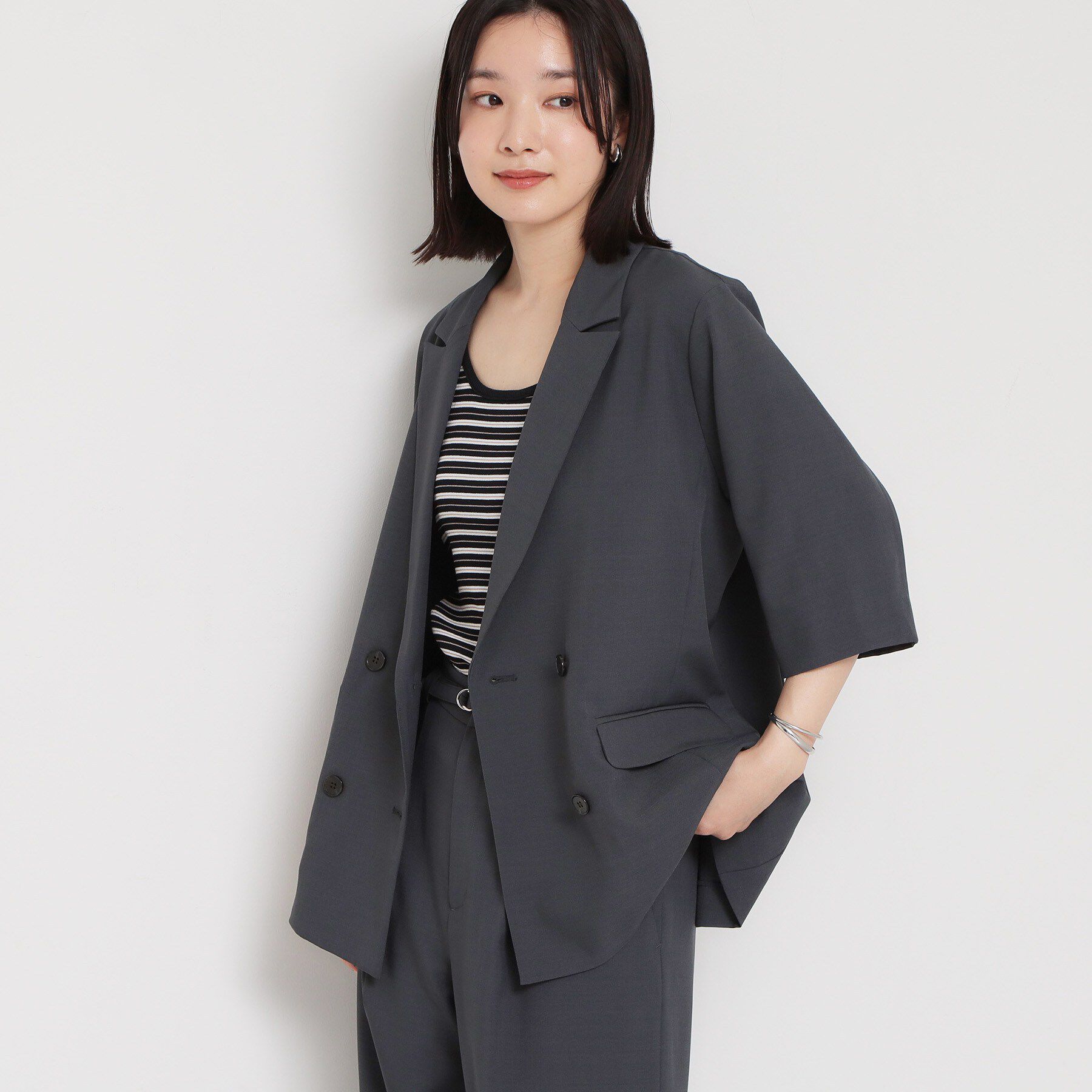 THE SHOP TK「【セットアップ可】麻調ダブルブレスト 6分袖ジャケット」|テーラードジャケット|チャコールグレー(0