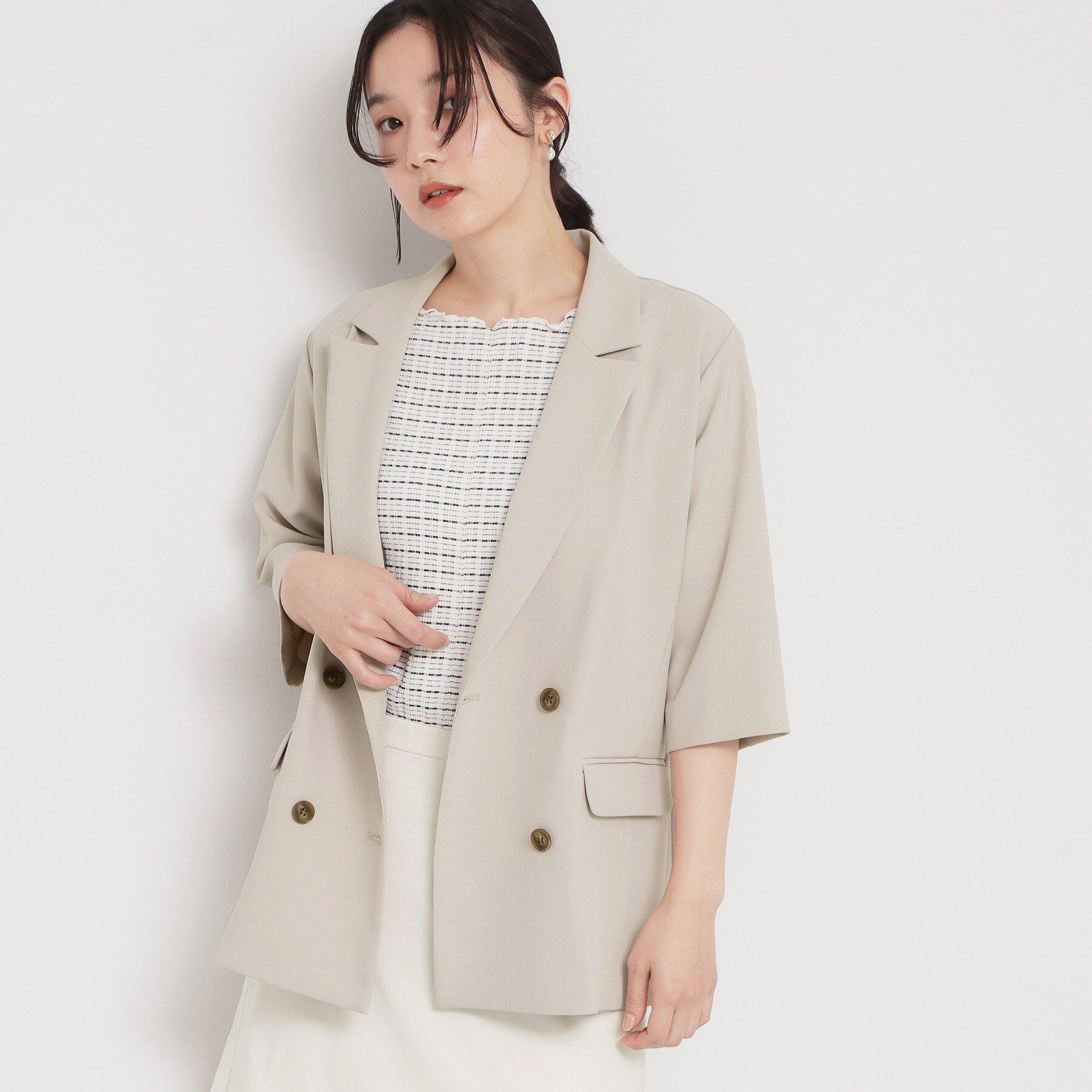 THE SHOP TK「【セットアップ可】麻調ダブルブレスト 6分袖ジャケット」|テーラードジャケット|