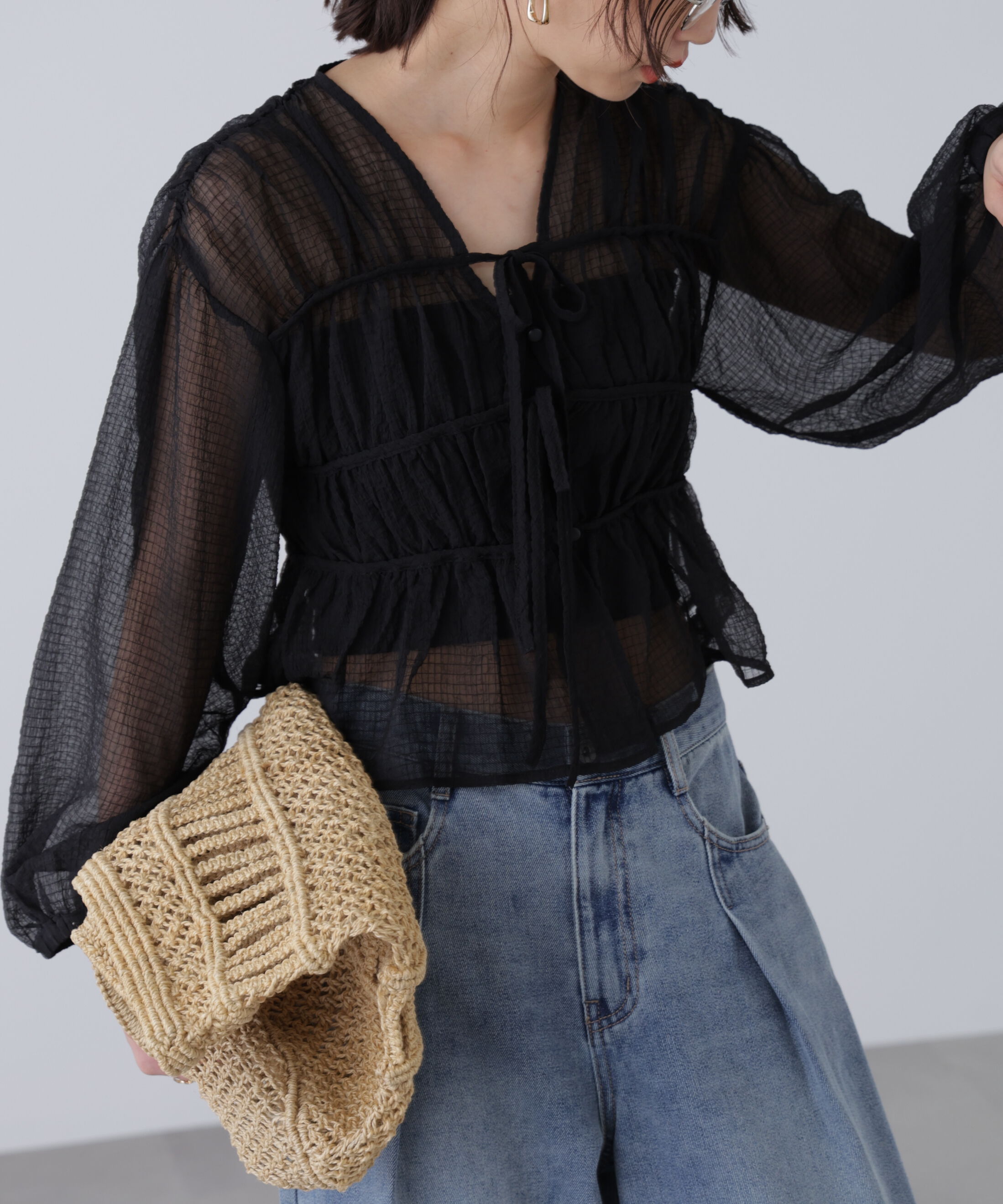  「シアーチェックギャザーリボン開きブラウス」|シャツ・ブラウス|