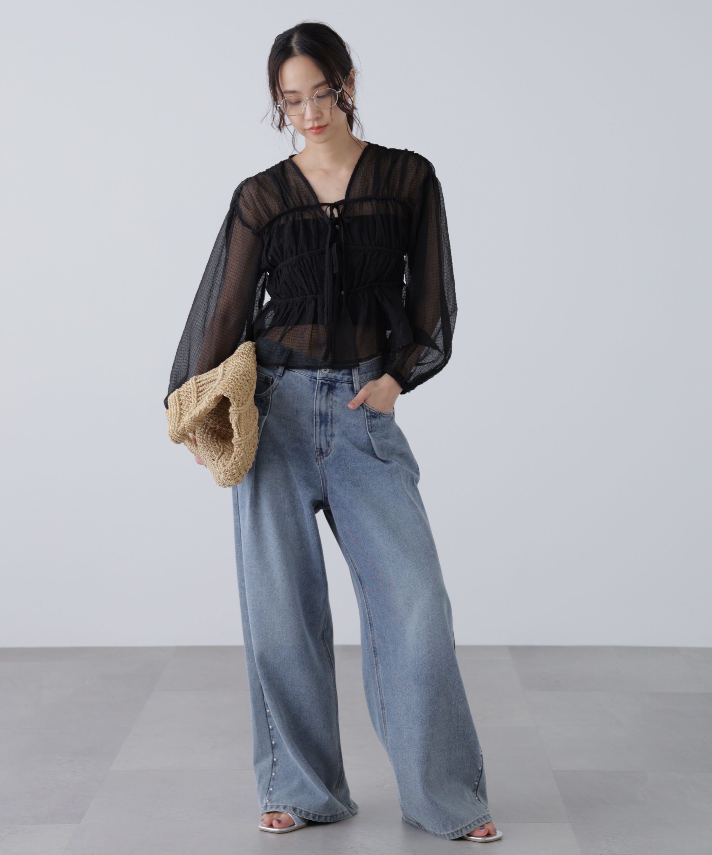  「シアーチェックギャザーリボン開きブラウス」|シャツ・ブラウス|