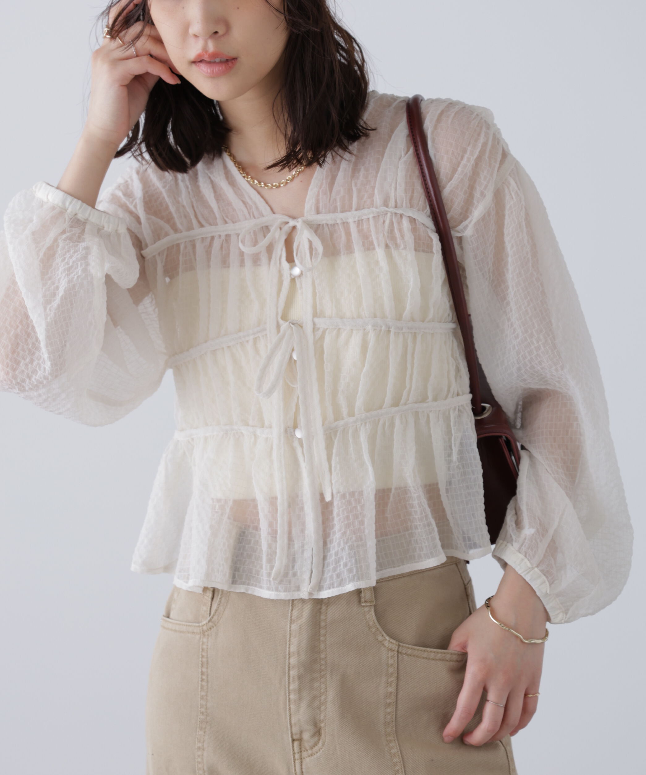  「シアーチェックギャザーリボン開きブラウス」|シャツ・ブラウス|オフ