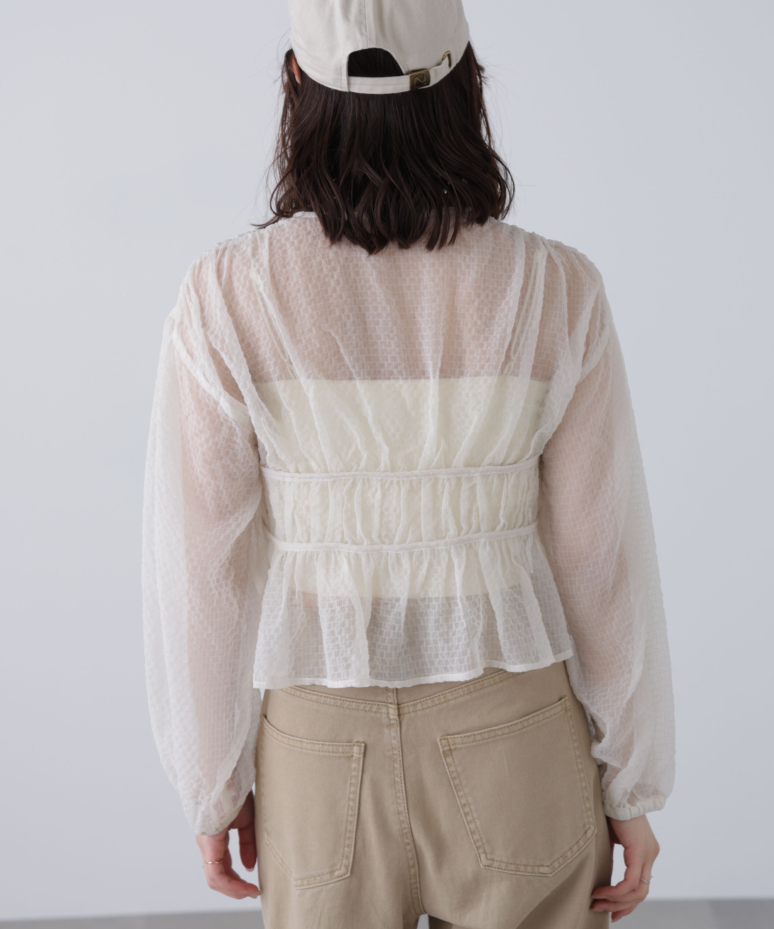  「シアーチェックギャザーリボン開きブラウス」|シャツ・ブラウス|
