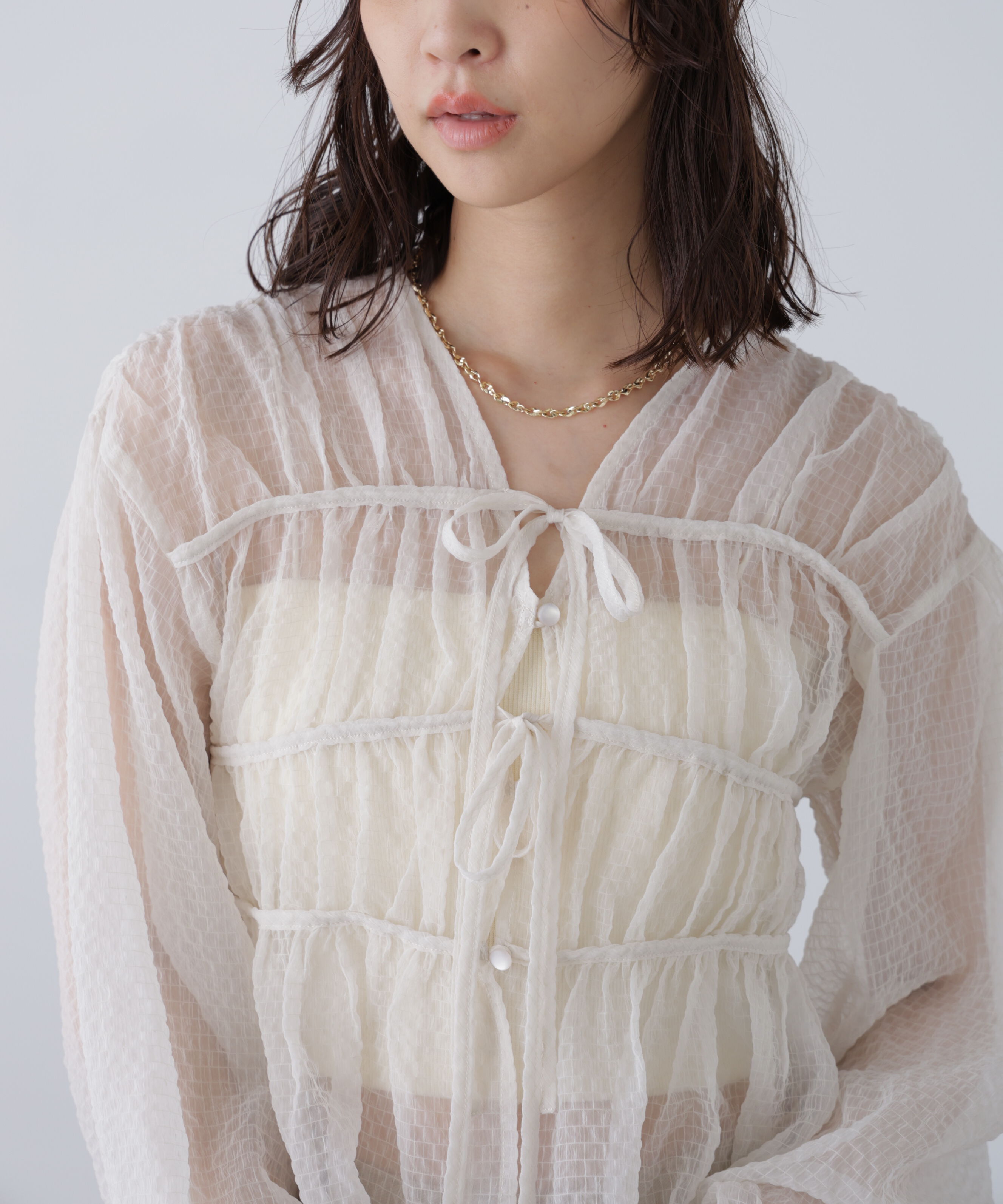  「シアーチェックギャザーリボン開きブラウス」|シャツ・ブラウス|