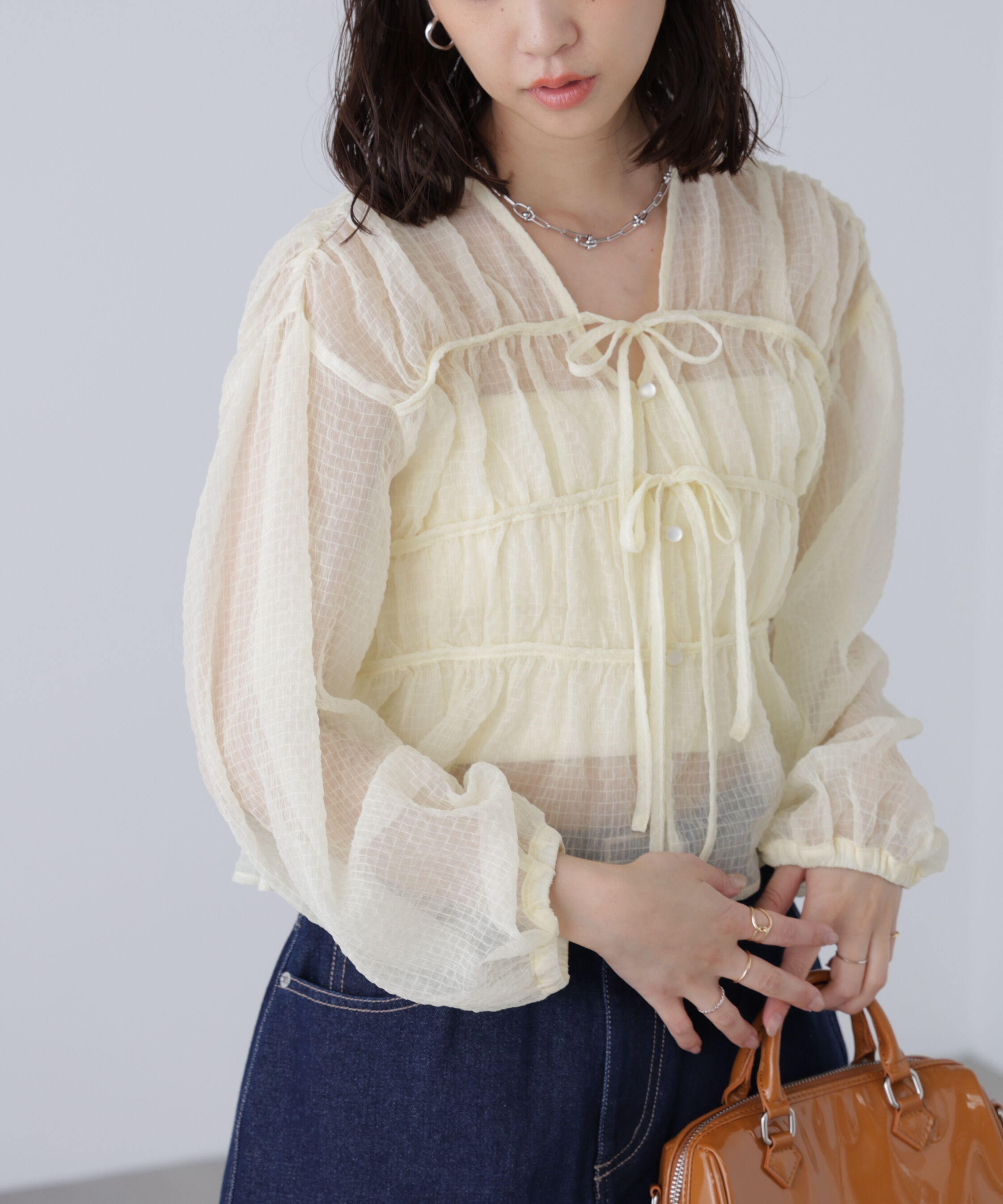  「シアーチェックギャザーリボン開きブラウス」|シャツ・ブラウス|
