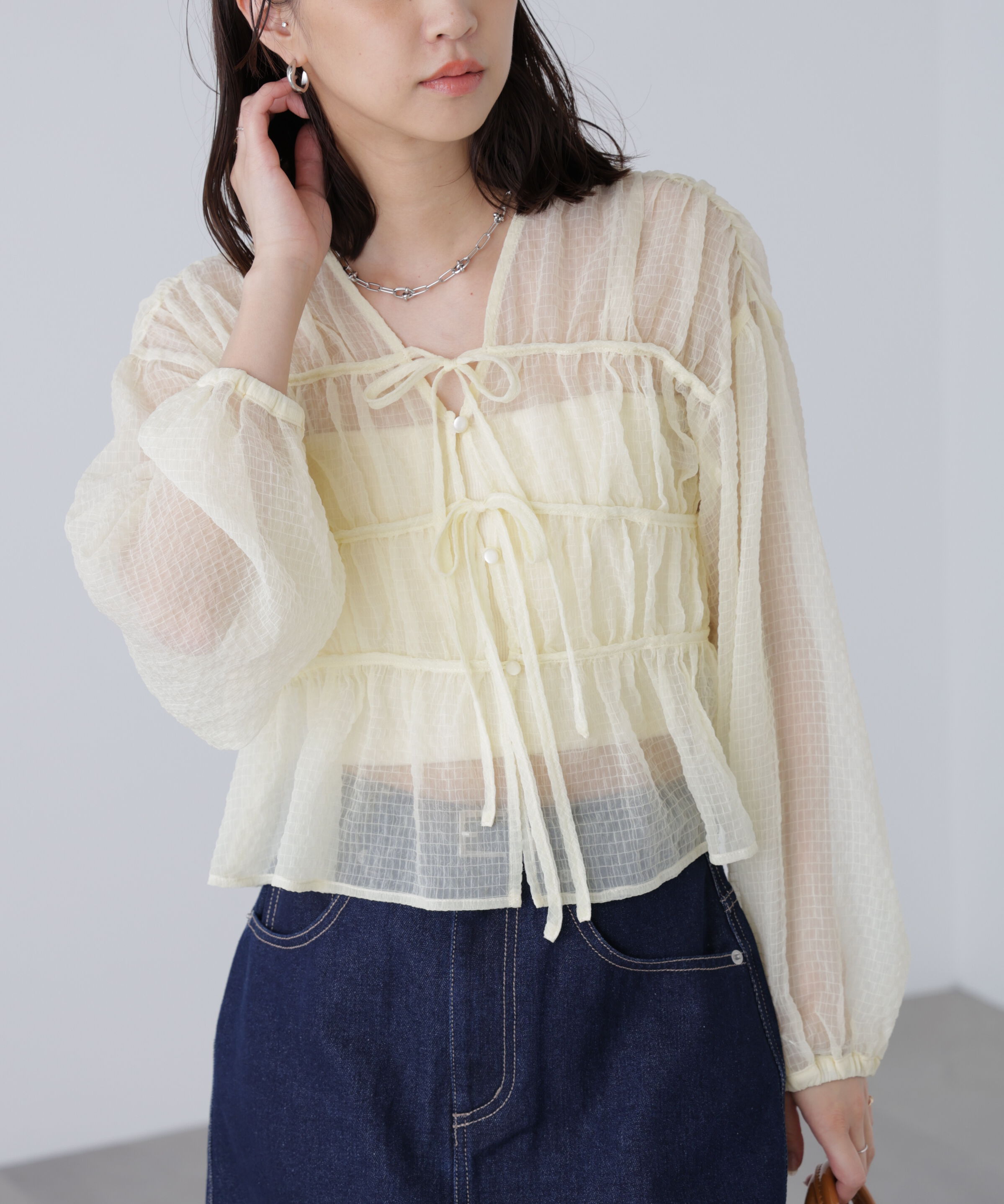  「シアーチェックギャザーリボン開きブラウス」|シャツ・ブラウス|