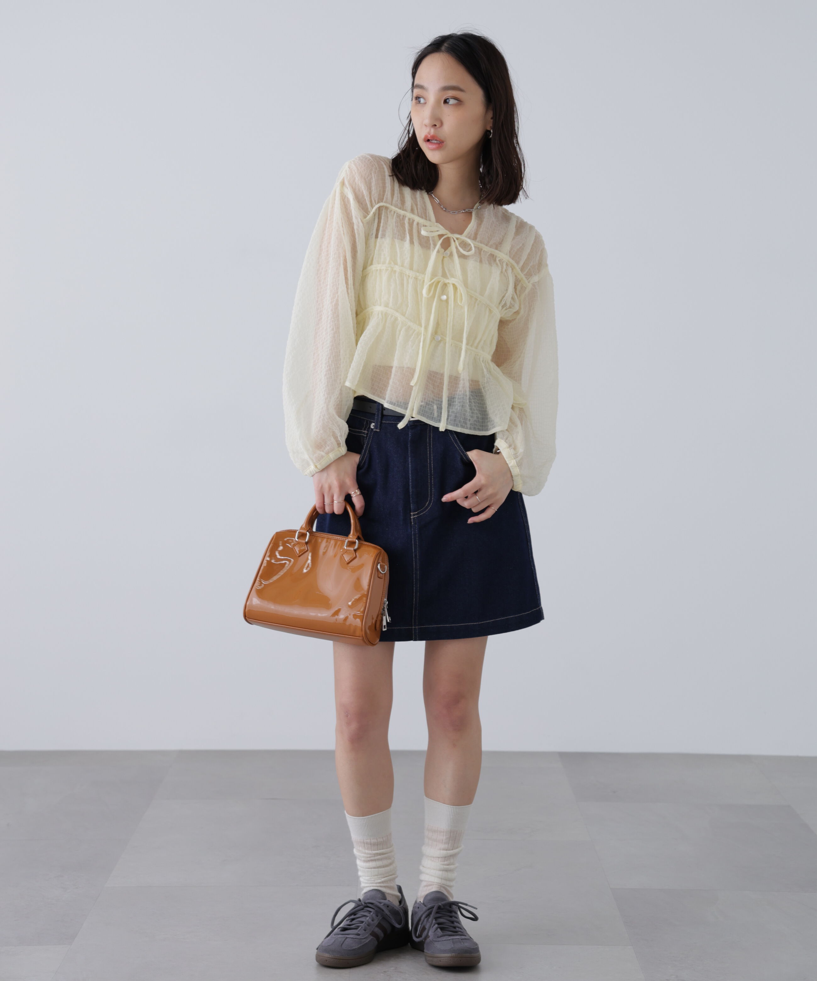  「シアーチェックギャザーリボン開きブラウス」|シャツ・ブラウス|