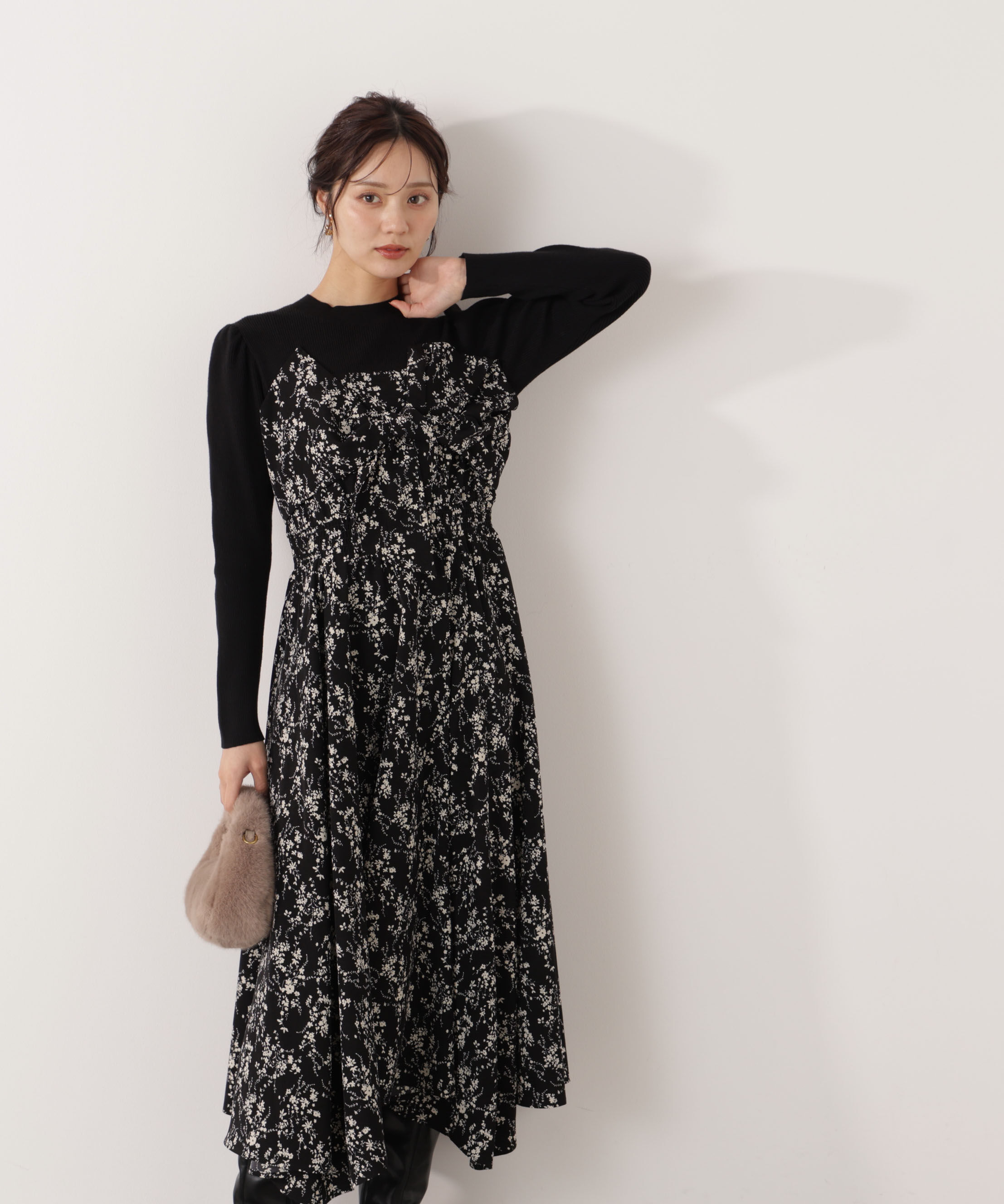 PROPORTION BODY DRESSING「フロントリボン花柄ドッキングワンピース　26SS」|ワンピース|ブラック&times;ブラ