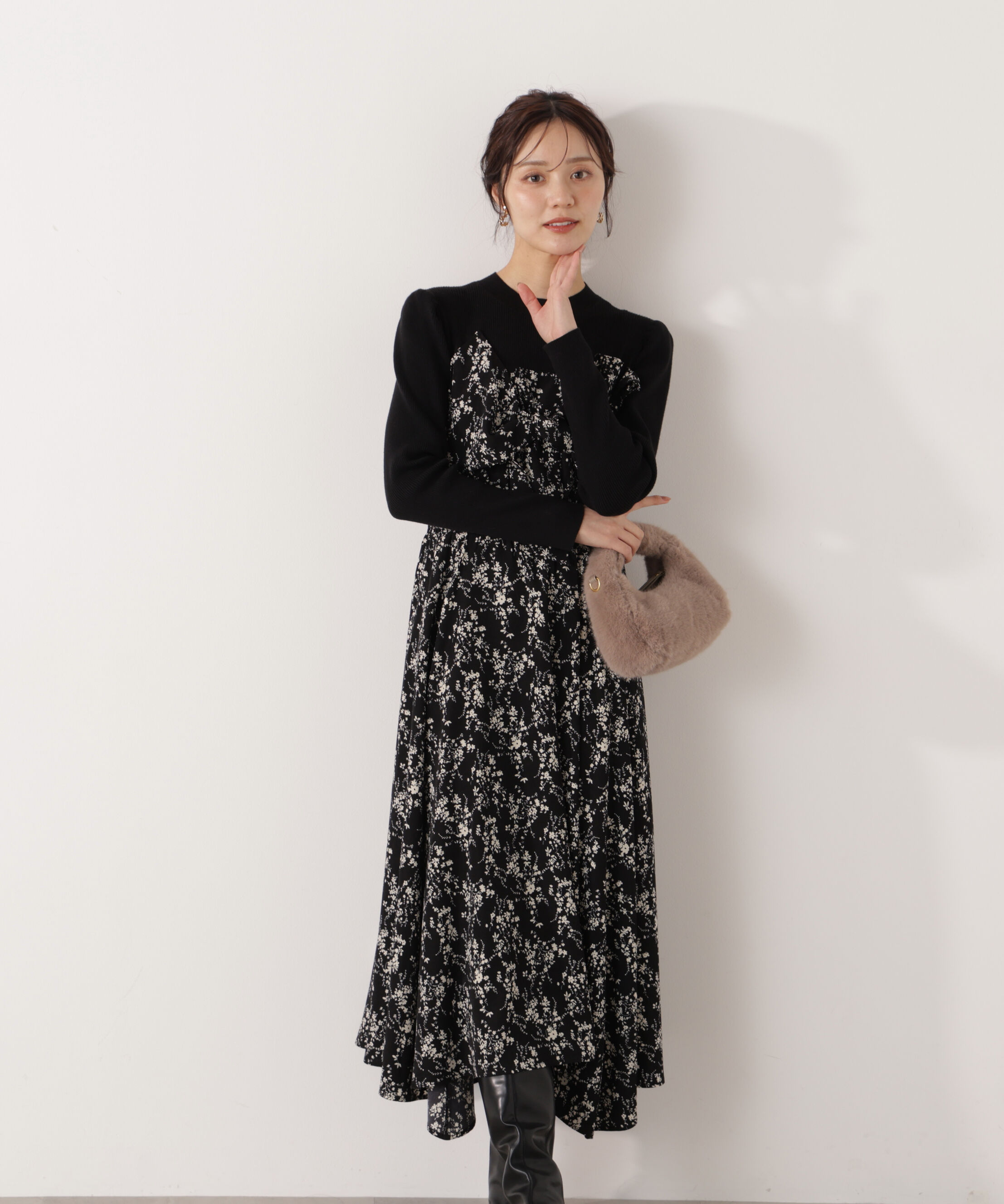 PROPORTION BODY DRESSING「フロントリボン花柄ドッキングワンピース　26SS」|ワンピース|