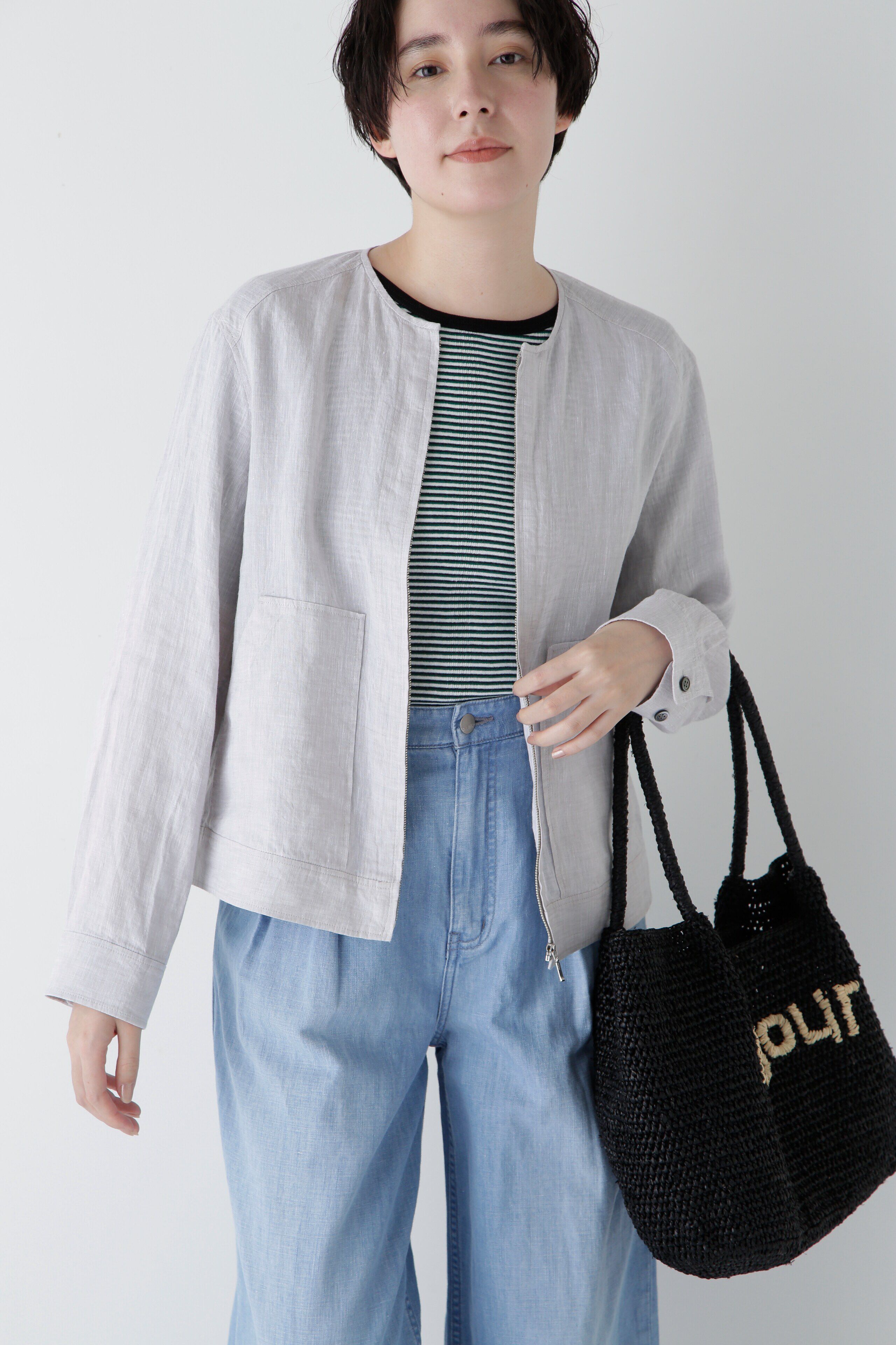  「◆ハードマンリネンノーカラージップブルゾン」|ブルゾン・スタジャン|グレージュ2