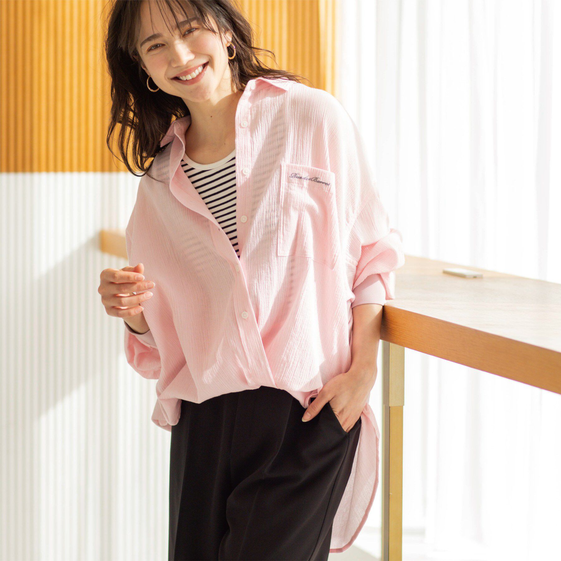 SHOO･LA･RUE「袖リブ楊柳オーバーシャツ」|シャツ・ブラウス|