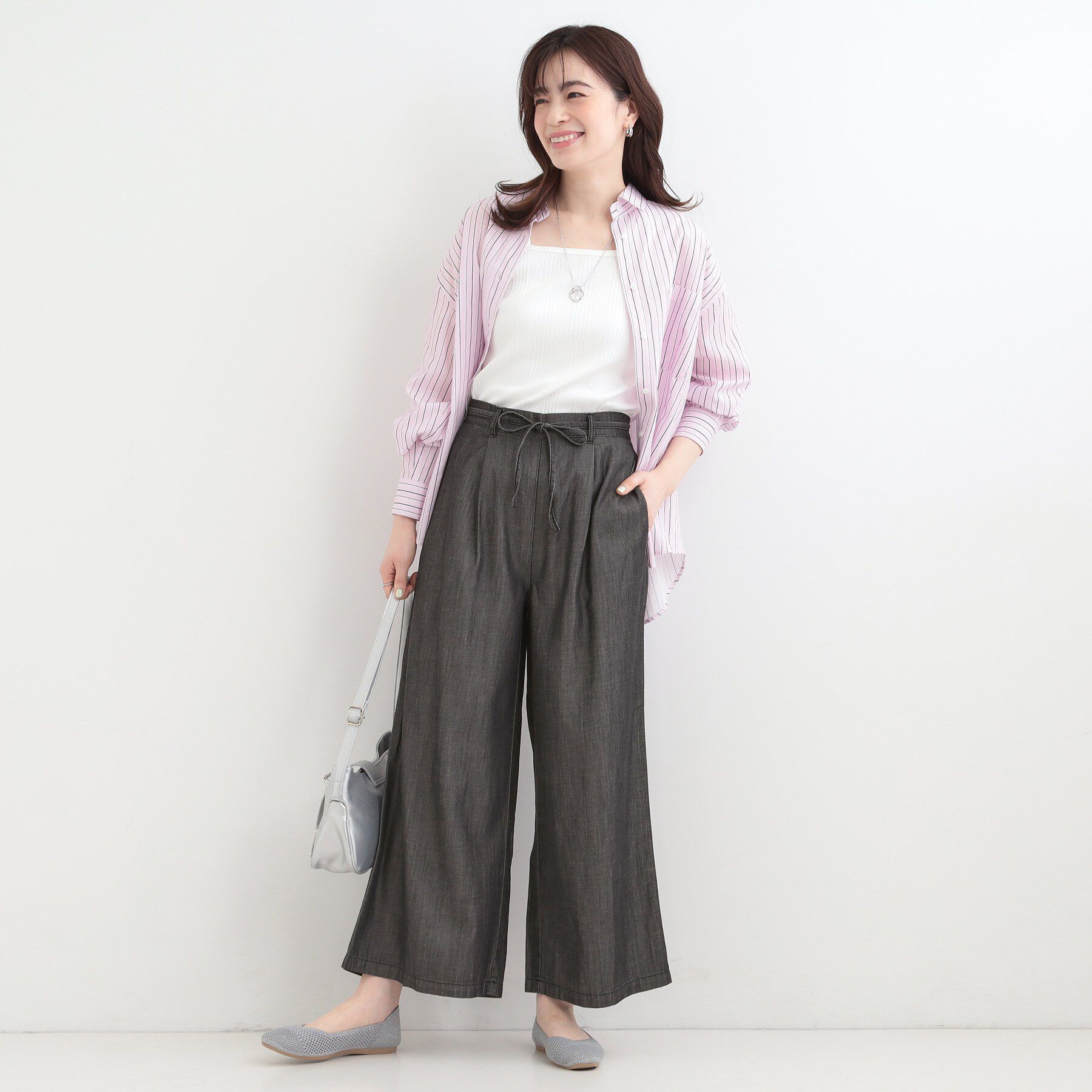 SHOO･LA･RUE「【着丈選べる/ひんやり/S-LL】ウエストリボンがポイント　デニムワイドイージーパンツ」|その他|