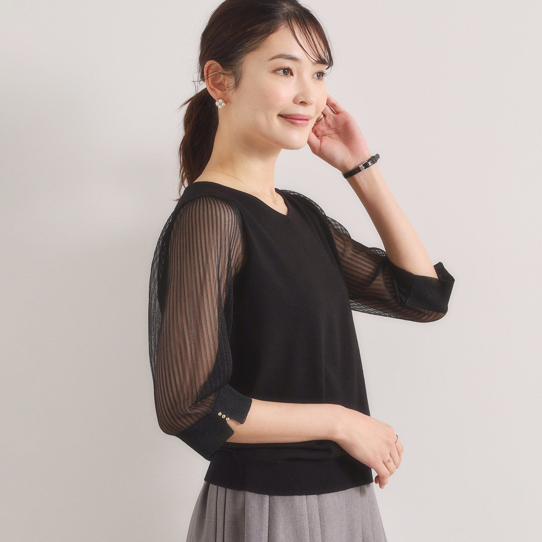 ITS&rsquo;DEMO「【手洗い可】袖シアーニット」|ニット・セーター|ブラック(019)