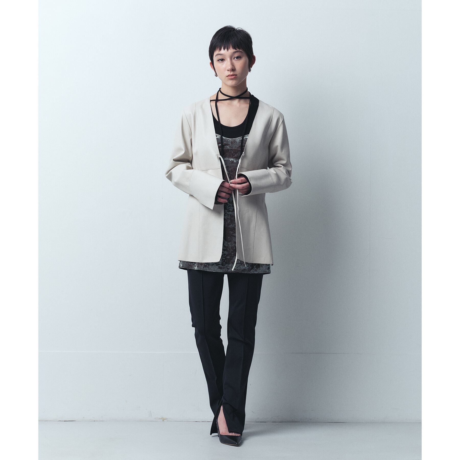 CODE A「front ribbon leather jacket」|ノーカラージャケット|