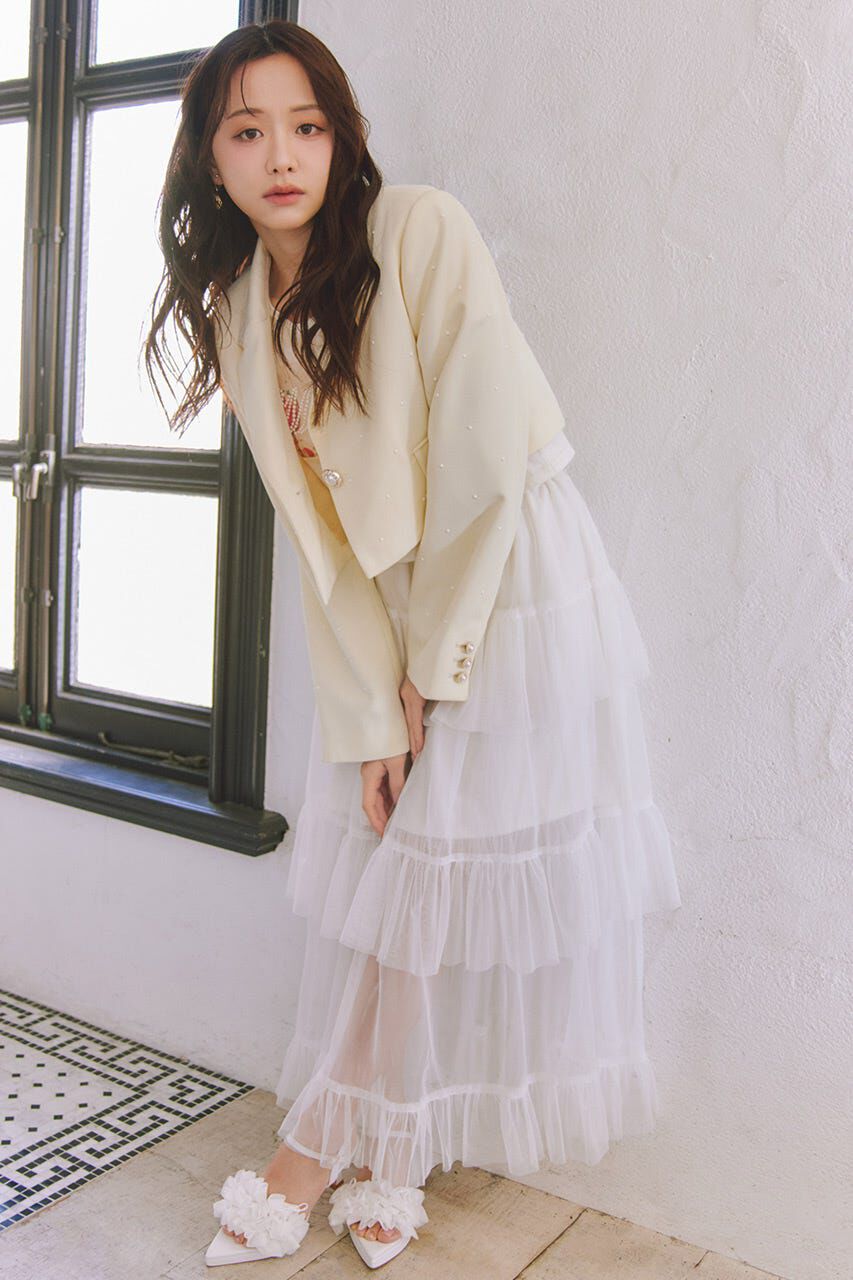 rienda「ティアードフレアチュールジャストウエストスカート」|スカート|WHT