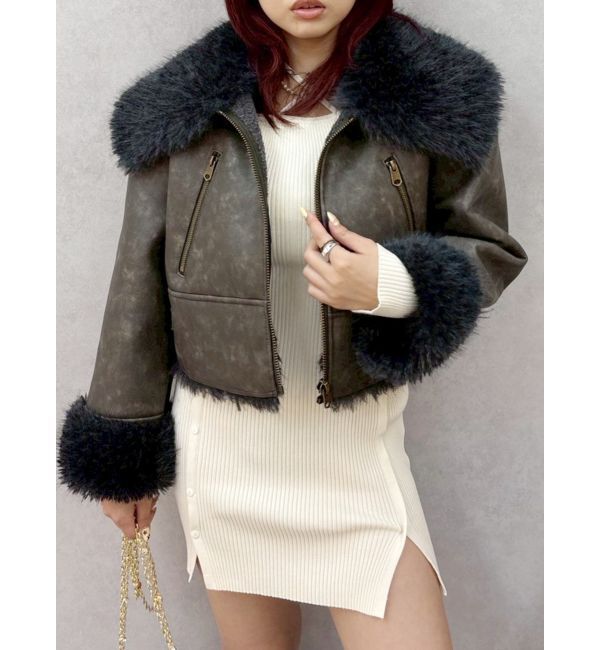 EVRIS「BIGカラーフェイクファーショートブルゾン」|ブルゾン・スタジャン|カーキ