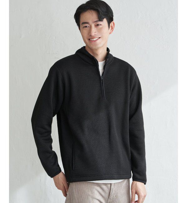 ikka「ツイルジャカード裏起毛ハーフジッププルオーバー」|パーカー|ブラック