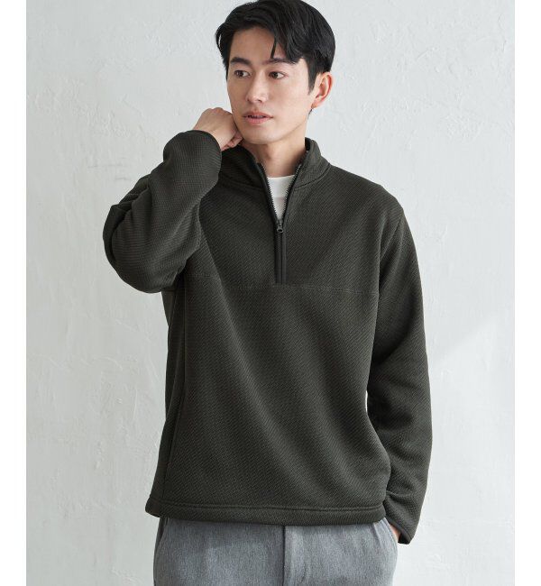 ikka「ツイルジャカード裏起毛ハーフジッププルオーバー」|パーカー|カーキ