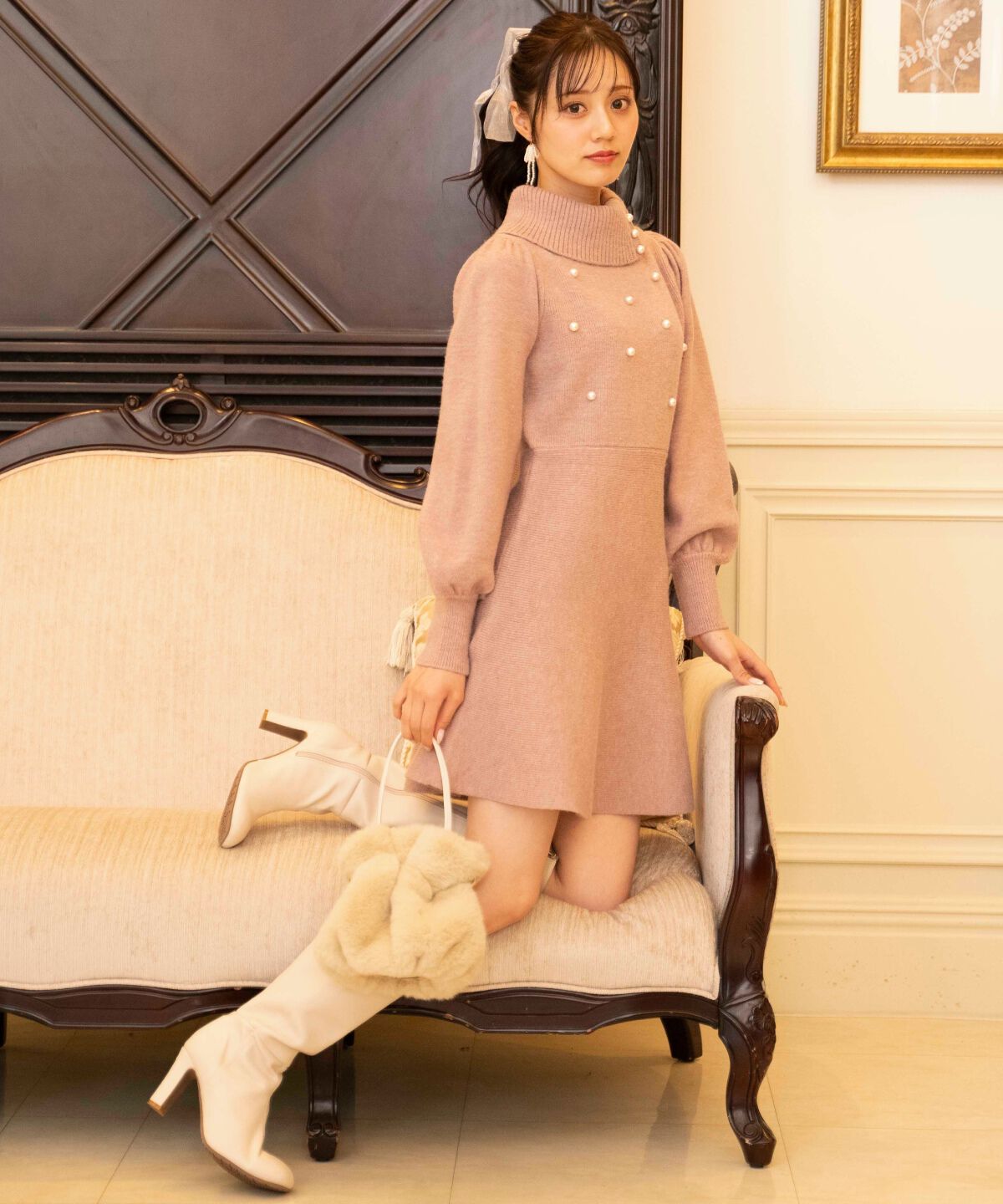 WILLSELECTION「パール付きタートルネックニットワンピース」|ワンピース|