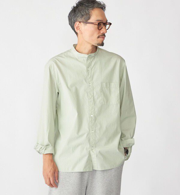 SHIPS「SHIPS: 100S バンドカラー ストライプ シャツ」|シャツ・ブラウス|ライトグリーン