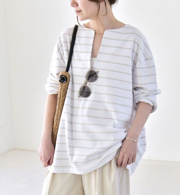 quaranciel「quaranciel:〈洗濯機可能〉ボーダー ビッグ スキッパー プルオーバー」|Tシャツ・カットソー|ライトグレー