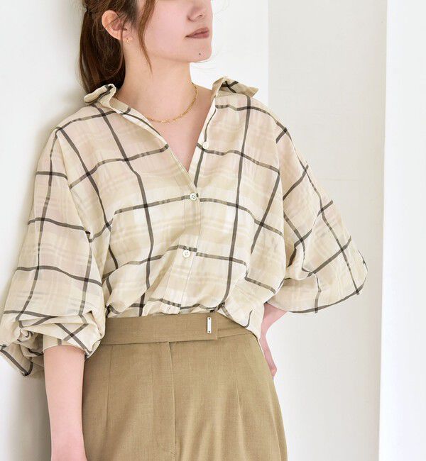 quaranciel「quaranciel:〈手洗い可能〉シアー チェック ドルマン ビッグ レギュラー シャツ」|シャツ・ブラウス|ベージュ
