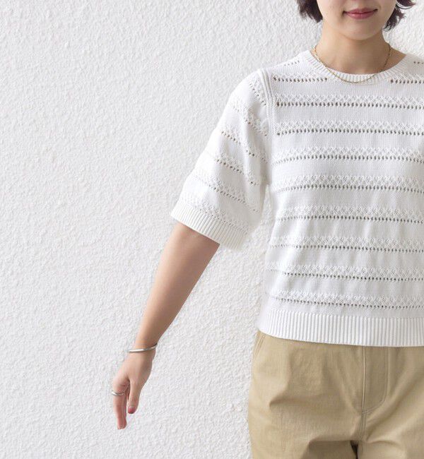 SHIPS for women「〈手洗い可能〉コットン レース柄 ショート スリーブ プルオーバー」|ニット・セーター|