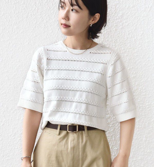 SHIPS for women「〈手洗い可能〉コットン レース柄 ショート スリーブ プルオーバー」|ニット・セーター|