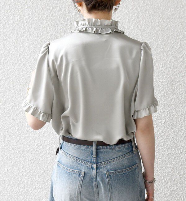 SHIPS any「《予約》SHIPS any:〈洗濯機可能〉サテン フリル カラー リボン ショートスリーブ シャツ ブラウス」|シャツ・ブラウス|