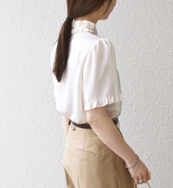 SHIPS any「《予約》SHIPS any:〈洗濯機可能〉サテン フリル カラー リボン ショートスリーブ シャツ ブラウス」|シャツ・ブラウス|