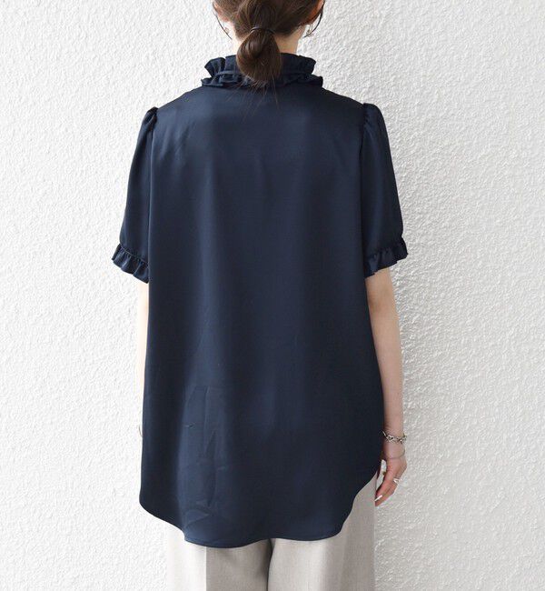 SHIPS any「《予約》SHIPS any:〈洗濯機可能〉サテン フリル カラー リボン ショートスリーブ シャツ ブラウス」|シャツ・ブラウス|