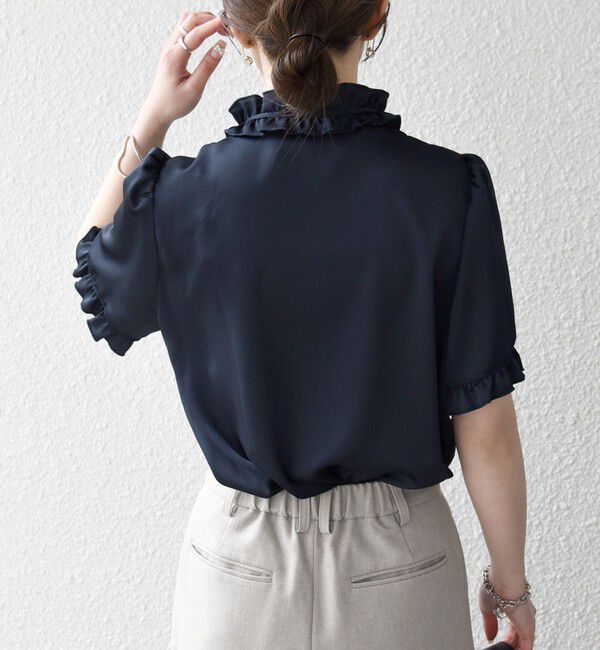 SHIPS any「《予約》SHIPS any:〈洗濯機可能〉サテン フリル カラー リボン ショートスリーブ シャツ ブラウス」|シャツ・ブラウス|