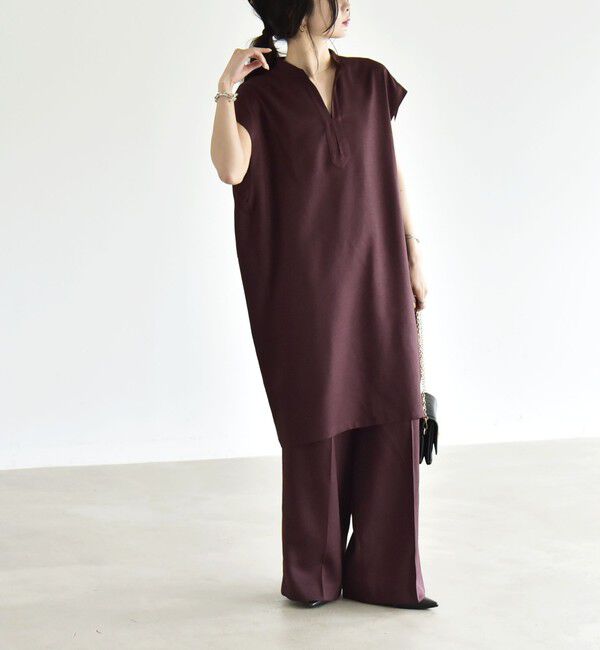 quaranciel「《予約》quaranciel:〈洗濯機可能〉スキッパー ワンピース＆イージー ワイドパンツ セットアップ」|ワンピース|ブラウン