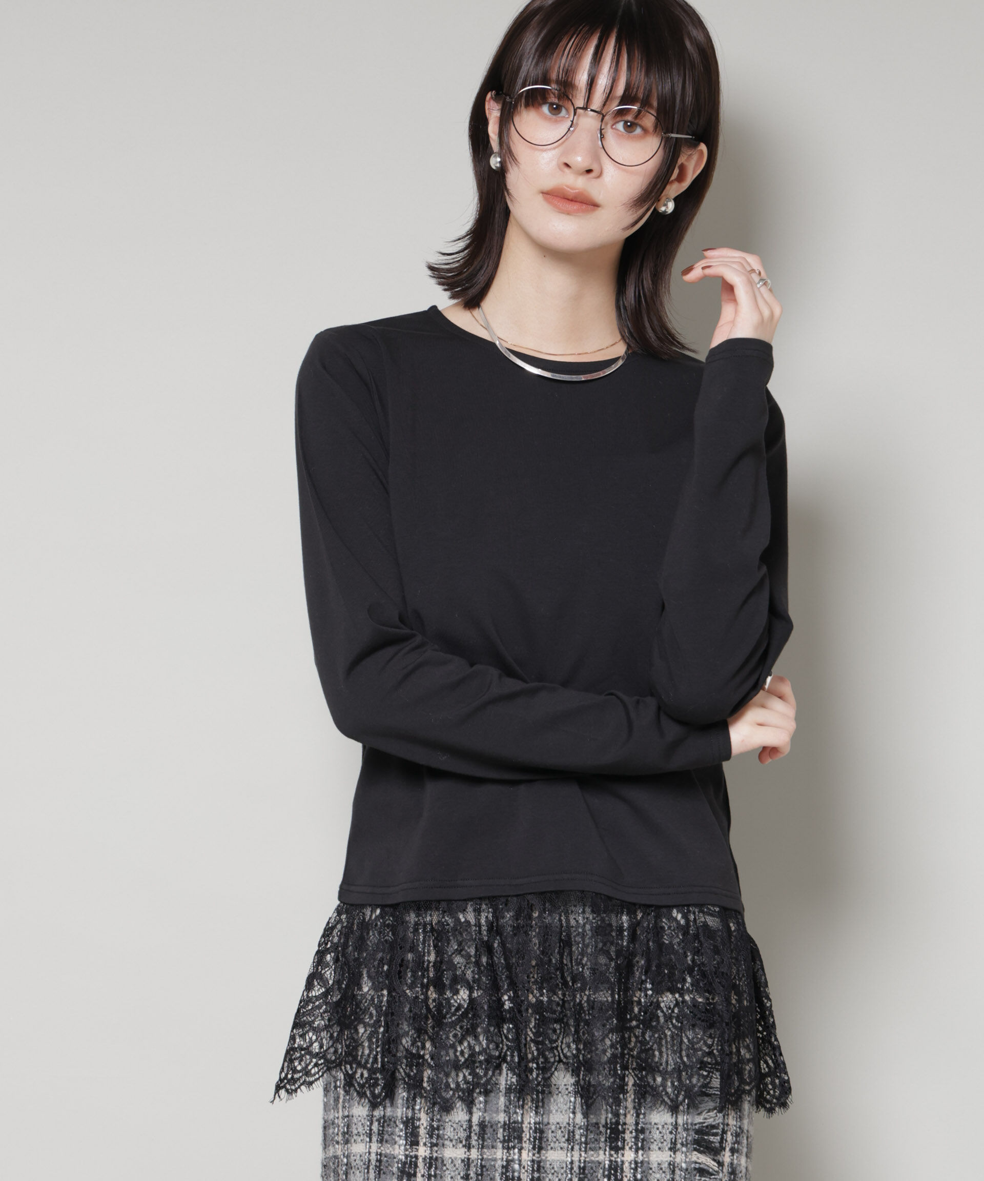 nano･universe「裾レースドッキングロングTシャツ」|Tシャツ・カットソー|ブラック