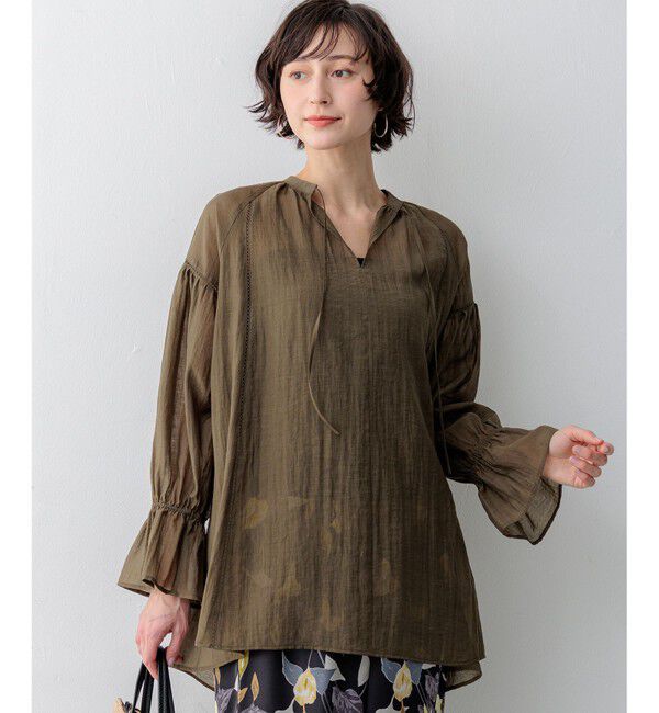 23区「リネンミックスシアースラブ ギャザーブラウス」|シャツ・ブラウス|カーキ系