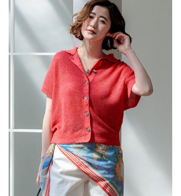 23区「ピュアリネン ハーフスリーブ ポロニット」|ニット・セーター|オレンジ系