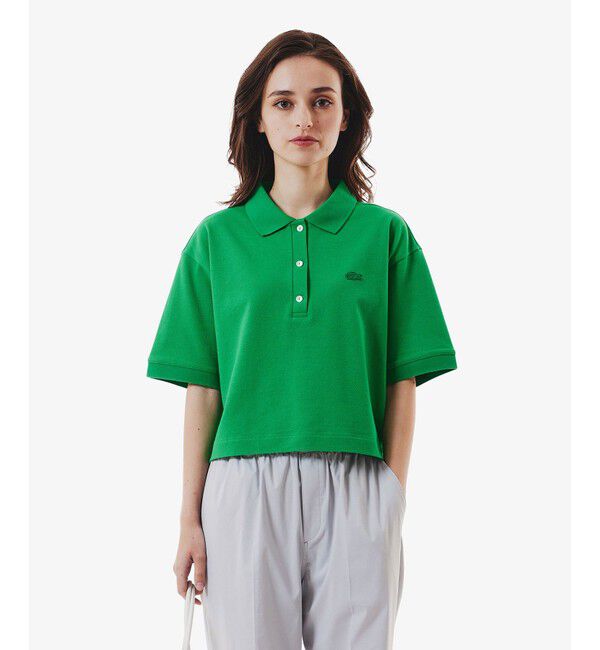LACOSTE「ヘビーウェイト鹿の子 ワイド クロップド丈 半袖ポロシャツ」|ポロシャツ|グリーン