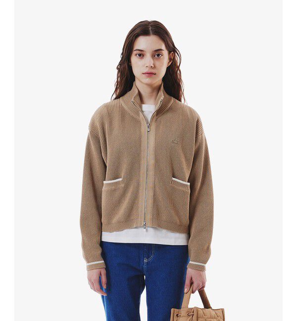 LACOSTE「ジップアップローゲージニットブルゾン」|カーディガン|ベージュ