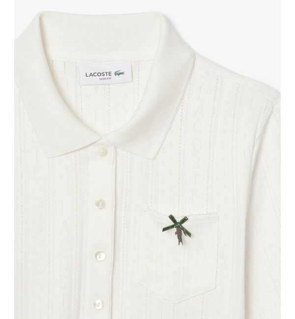 LACOSTE「レース調 リボン付き ポインテルニット 半袖ポロシャツ」|ポロシャツ|