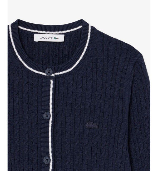 LACOSTE「配色ライン入りケーブルニットカーディガン」|カーディガン|