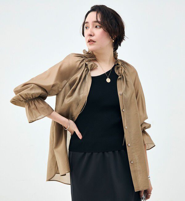 NOLLEY'S sophi「ウォッシャブルシアーオーガンジーフリルネックブラウス」|シャツ・ブラウス|キャメル