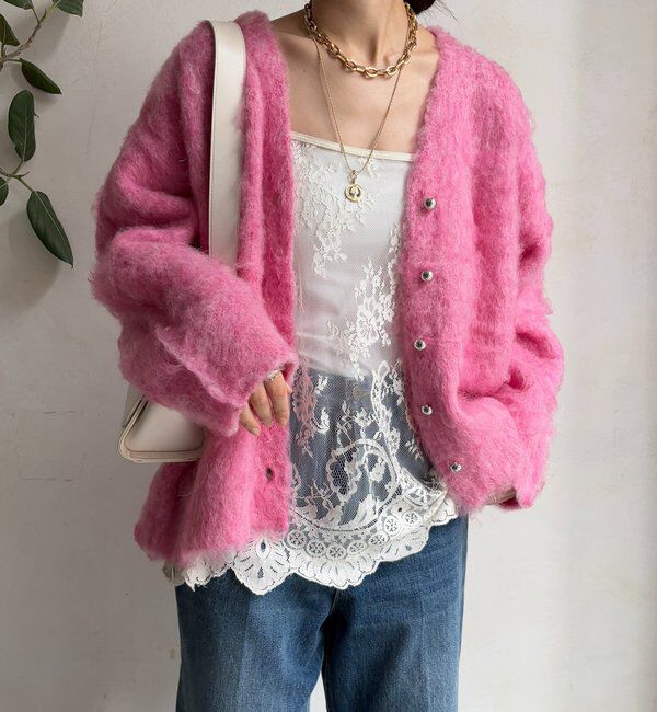  「ブラッシュ加工シルバーボタンカーディガン」|カーディガン|ピンク