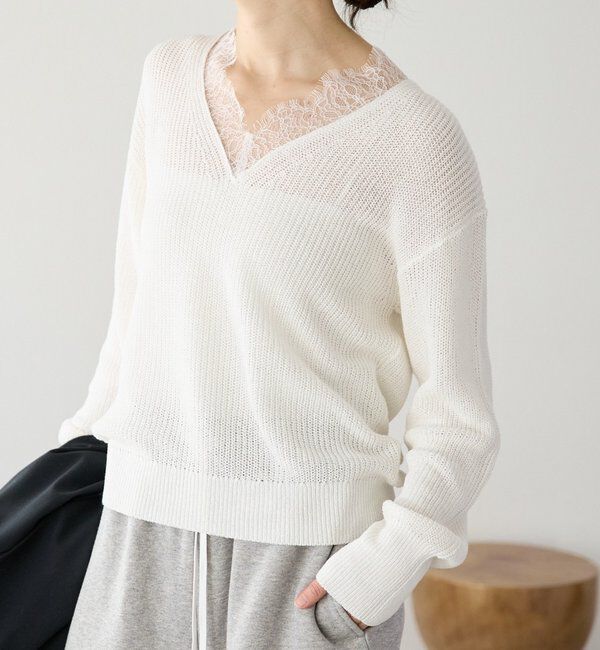  「【トレンド感抜群】ペーパーヤーンレース衿ニット」|ニット・セーター|オフホワイト