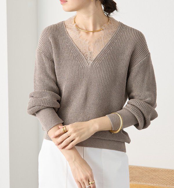  「【トレンド感抜群】ペーパーヤーンレース衿ニット」|ニット・セーター|
